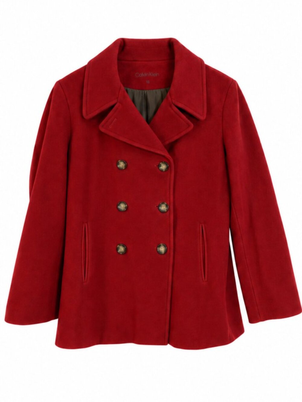 Calvin Klein Wool Cashmere Blend Berry Red Double Breasted Pea Coat Size 18